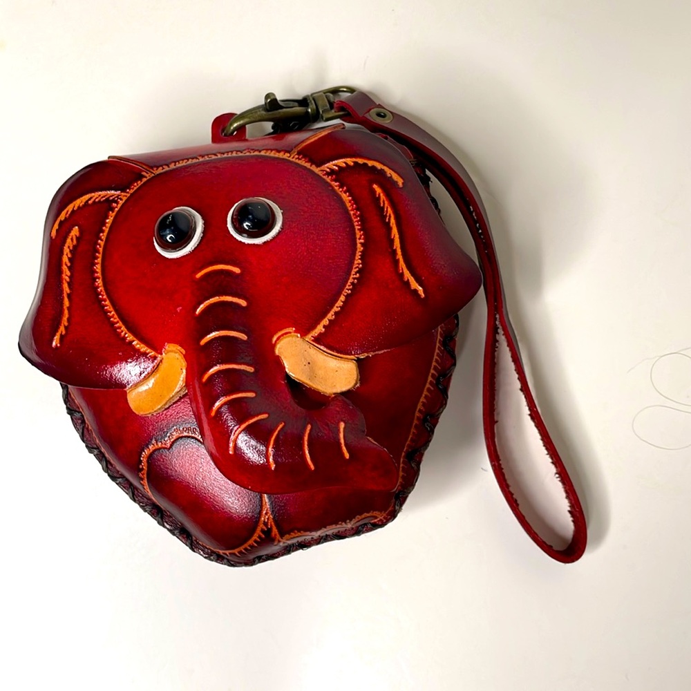 Tooled leather and handmade elephant wristlet and key chain mini bag